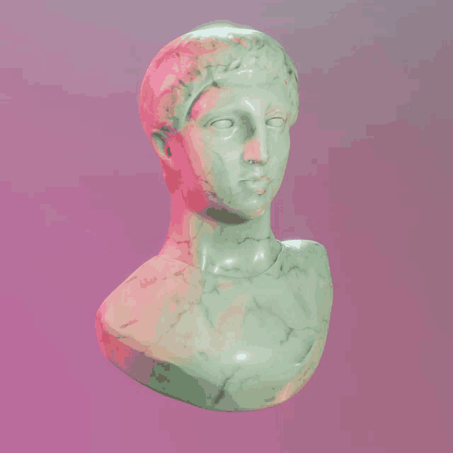 a marble statue of a man 's head is against a pink and purple background