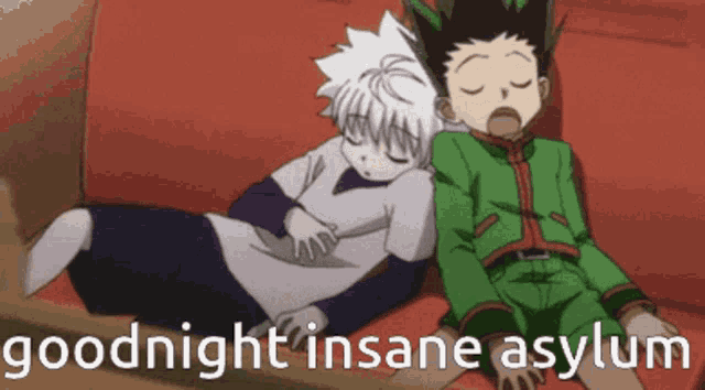 two anime characters are sleeping on a couch with the words goodnight insane asylum written below them
