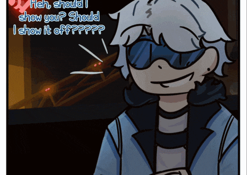 a cartoon of a boy wearing sunglasses with the words " which should i show you should i show it off " on the bottom