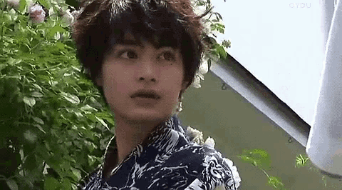 a young man in a kimono is standing in front of a bush .