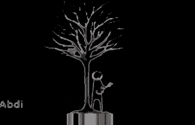 a black and white drawing of a tree with keys hanging from it