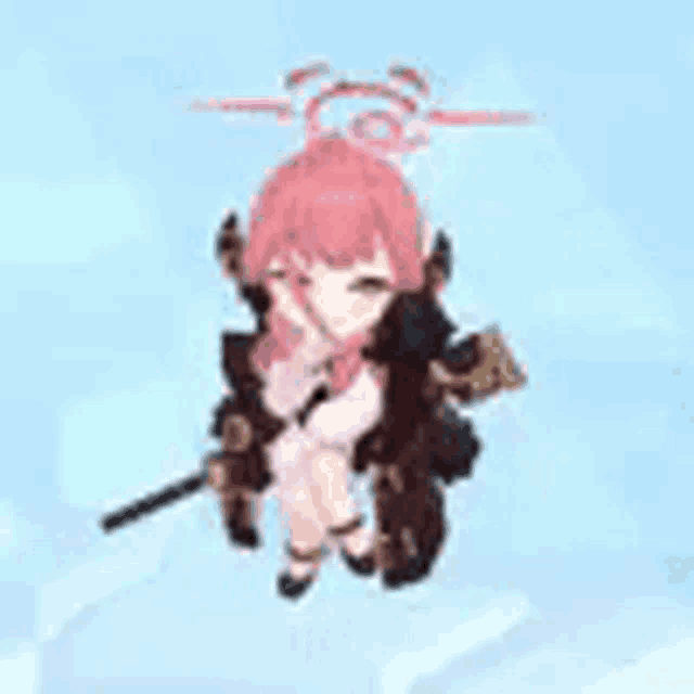 a little girl with pink hair is flying through the air with a sword .
