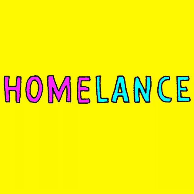 a yellow background with the word homelance written in pink and blue letters