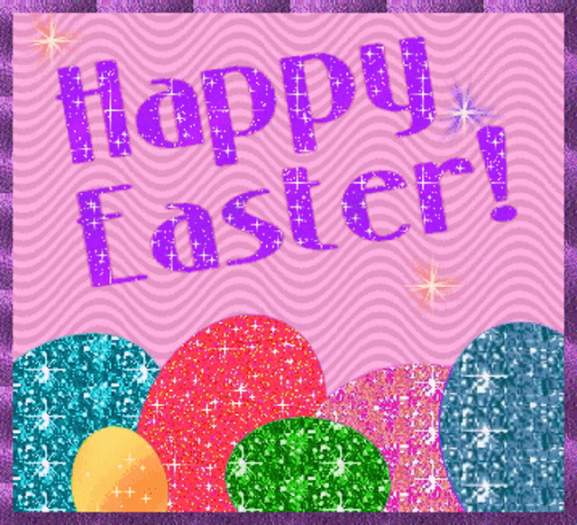 a pink background with easter eggs and the words happy easter written in purple