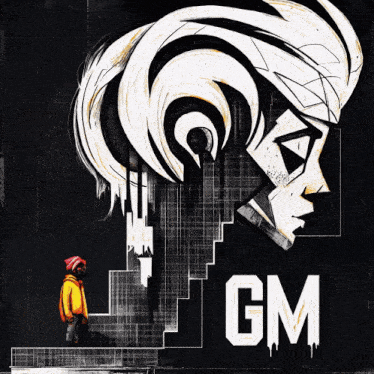 a man in a yellow jacket stands on a set of stairs in front of a giant gm logo