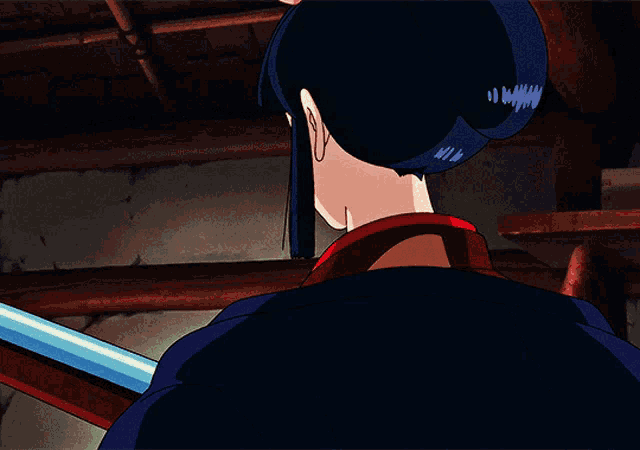 a cartoon of a woman with blue hair holding a blue stick