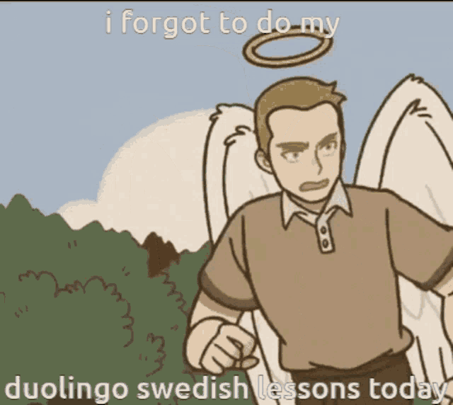 a cartoon of a man with angel wings says i forgot to do my duolingo swedish lessons