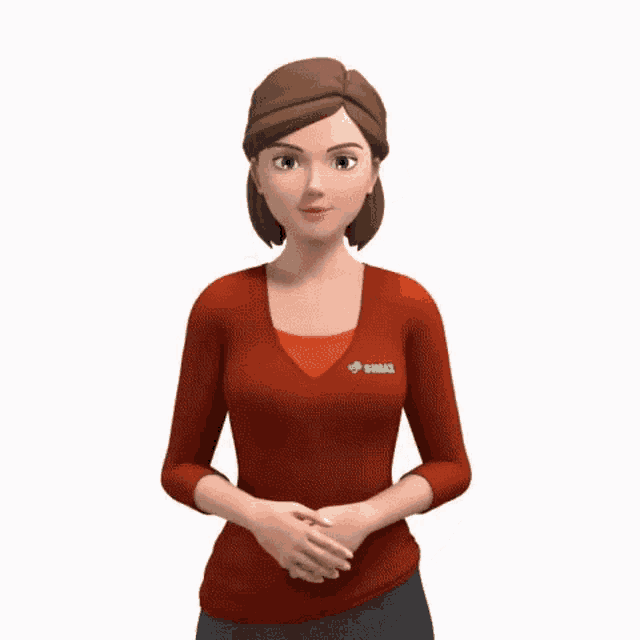 a cartoon woman wearing a red shirt with a green logo that says bobal