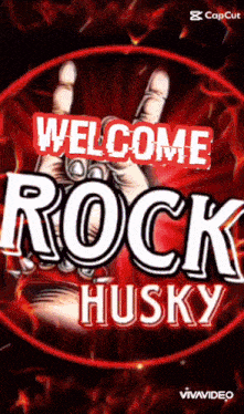 a sign that says welcome rock husky with a hand giving a peace sign