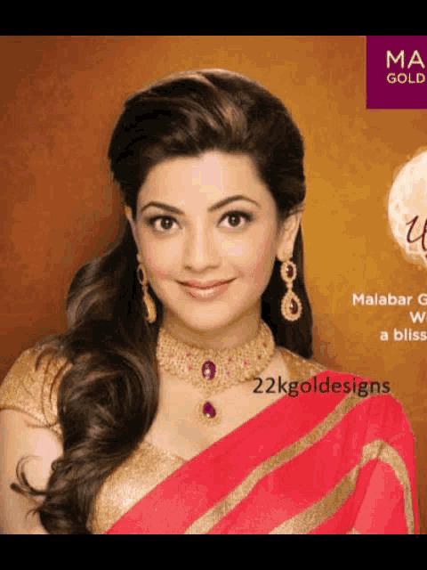 a woman wearing a gold and red necklace and earrings with 22kggolddesigns on the bottom