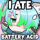 a cartoon of a girl with green hair and the words `` i hate battery acid '' on it .