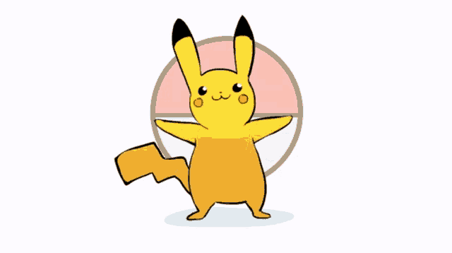 a pikachu is standing in front of a poke ball