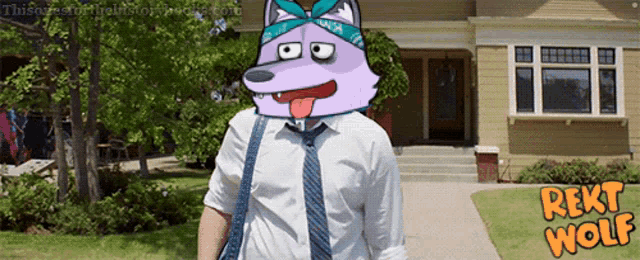 a cartoon of a man wearing a tie and a bandana with the word rekt wolf on the bottom