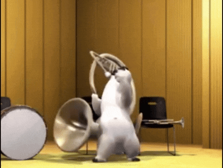 a cartoon rabbit is playing a french horn in a band