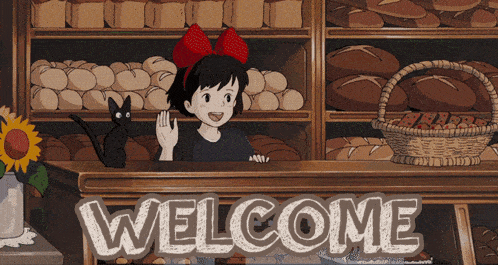 a welcome sign with a girl and a cat in the background