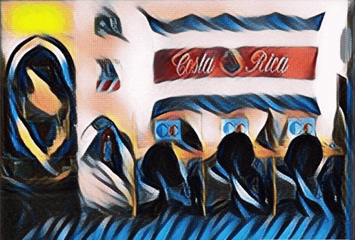 a painting of people standing in front of a costa rica banner