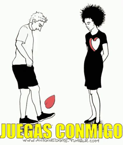 a man and a woman are standing next to each other with the words juegas conmigo in yellow letters