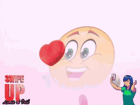 a woman is taking a picture of a smiley face with swipe up written on the bottom right