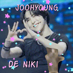a picture of a man making a heart shape with his hands with the name joohyung on top