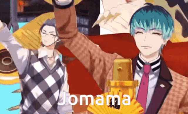 a man in a plaid vest and tie is holding a fan and the word jomama is on the screen .