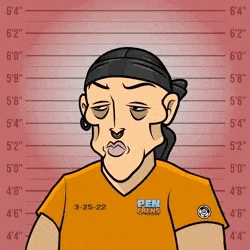 a cartoon of a man wearing an orange shirt with pen friends on it