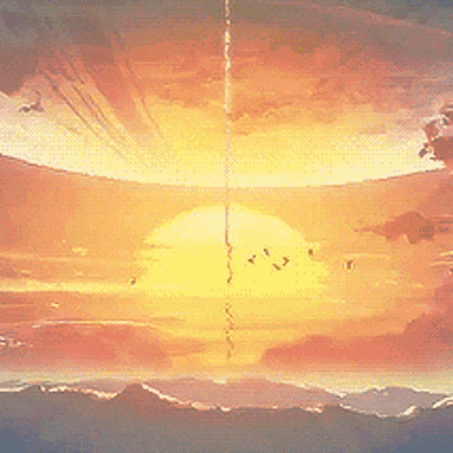 a painting of a sunset with a huge explosion in the sky