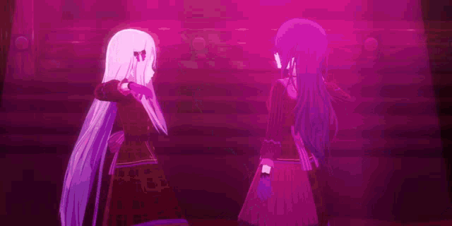 a girl with long white hair and blue eyes is standing next to a girl with long black hair .
