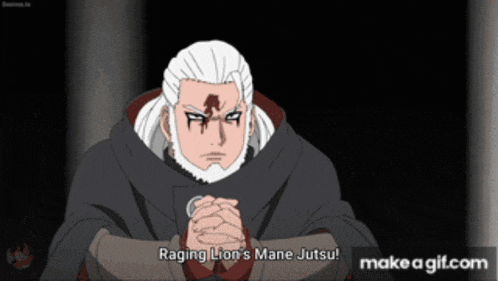 a man with white hair and a beard says raging lion 's mane jutsu on make a gif.com