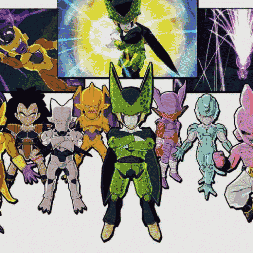a group of cartoon characters standing next to each other with cell in the middle