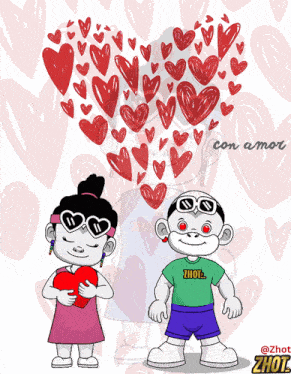 a cartoon drawing of a boy and a girl holding a heart with the words con amor written above them