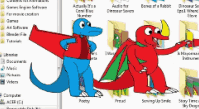two dinosaurs are standing next to each other in front of a computer screen
