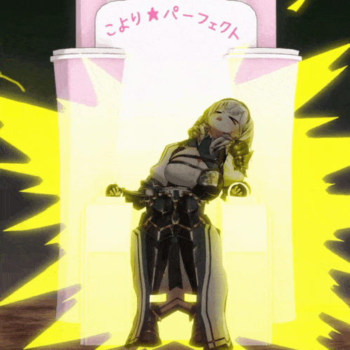 a cartoon character is sitting in front of a sign that says " perfect "