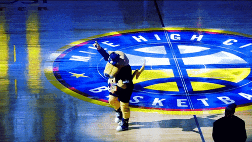 a mascot stands in front of a logo that says mike high basketball