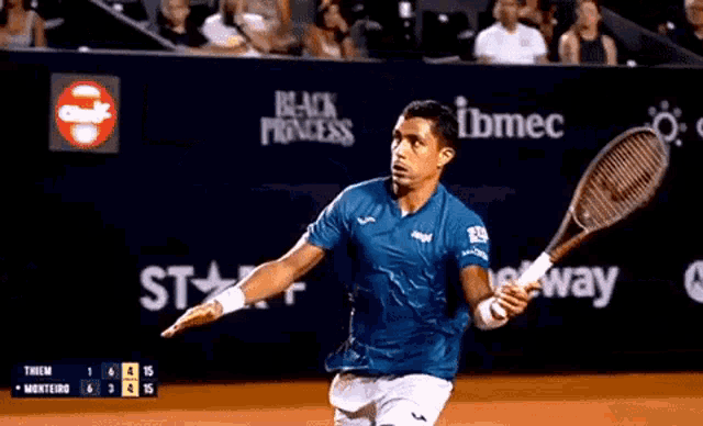 a man in a blue shirt is holding a tennis racquet in front of a sign that says black princess
