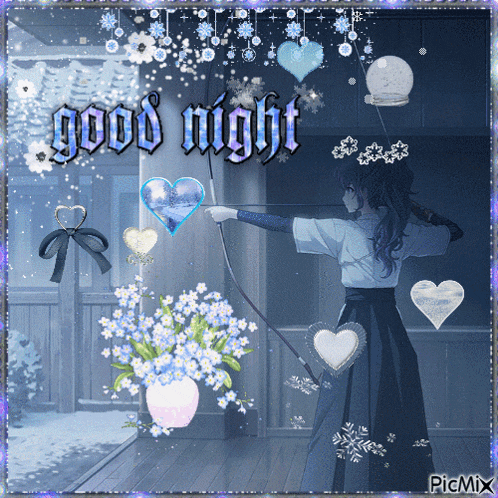 a picture of a girl holding a bow and arrow with the words good night written above her