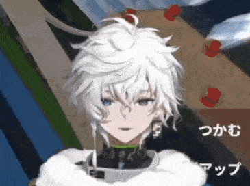 a close up of a person 's face with white hair and blue eyes in a video game .