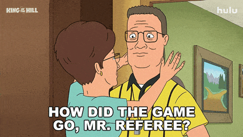 a cartoon of a man and a woman with the words how did the game go mr. referee