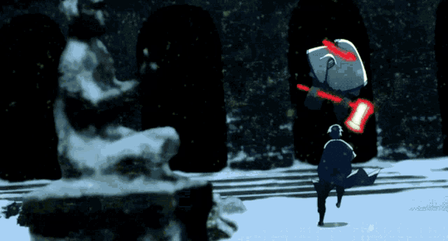 a man holding a red light saber stands in front of a statue in the snow