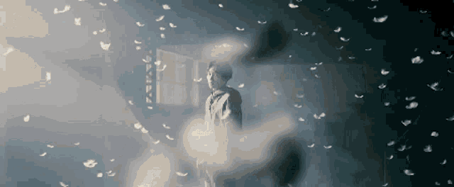a person standing in a dark room with feathers flying around them