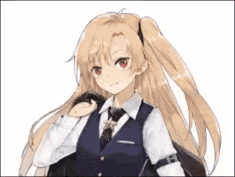 a girl with long blonde hair is wearing a vest and tie .