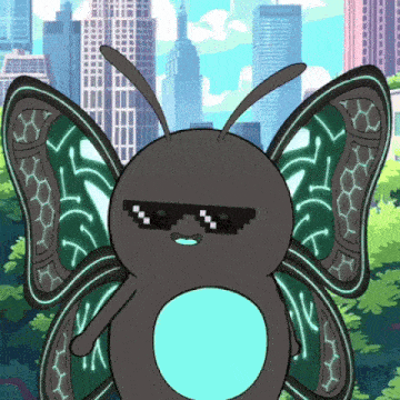 a cartoon of a butterfly wearing sunglasses with a city in the background