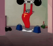 a cartoon character is lifting a barbell in a room .