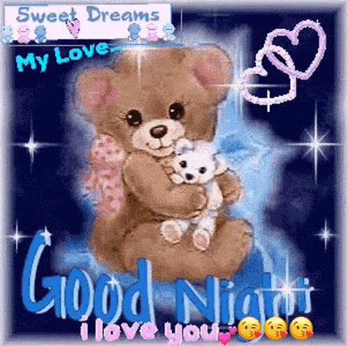 a teddy bear is holding a smaller teddy bear and says good night