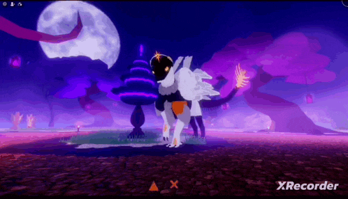 a video game character is standing in front of a full moon in a purple forest .