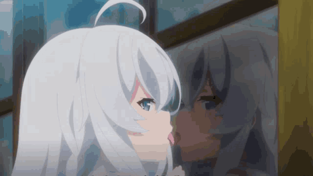a girl with white hair is looking at her reflection in the mirror