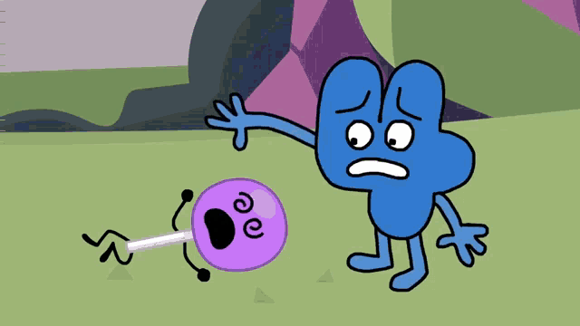 a cartoon character is standing next to a purple lollipop that has a face on it .