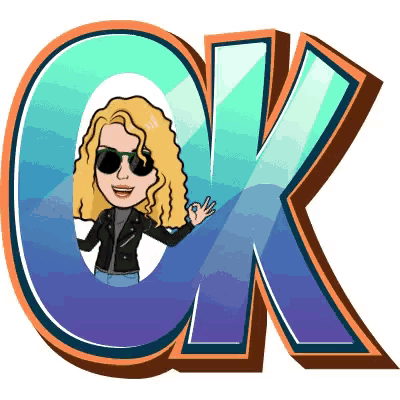 a cartoon of a woman giving an ok sign in front of a large ck letter