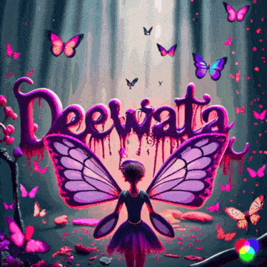 a fairy with purple wings stands in front of a sign that says deewata