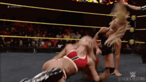 a female wrestler is laying on the ground during a match