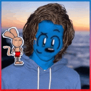 a person with a blue face and a sticker of a cartoon rabbit